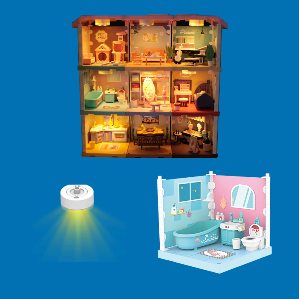 Crafts DIY Creative Bath Room Doll Houses With Lights Shine Scene Small Dolls Toy Tub Mini Furniture