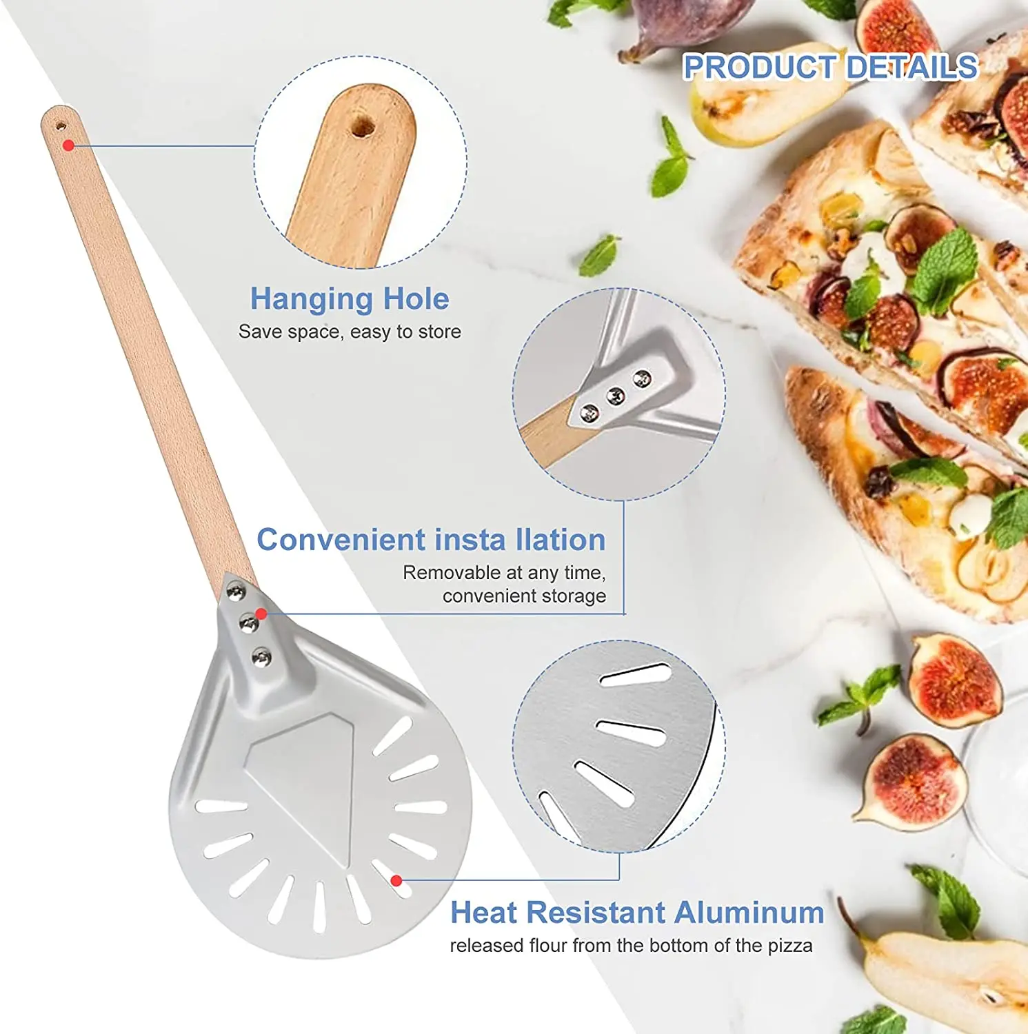 pizza peel aluminium wood handle 7 8 9 inch Pizza Shovel Aluminum Hard Coating perforated Pizza Peel Paddle