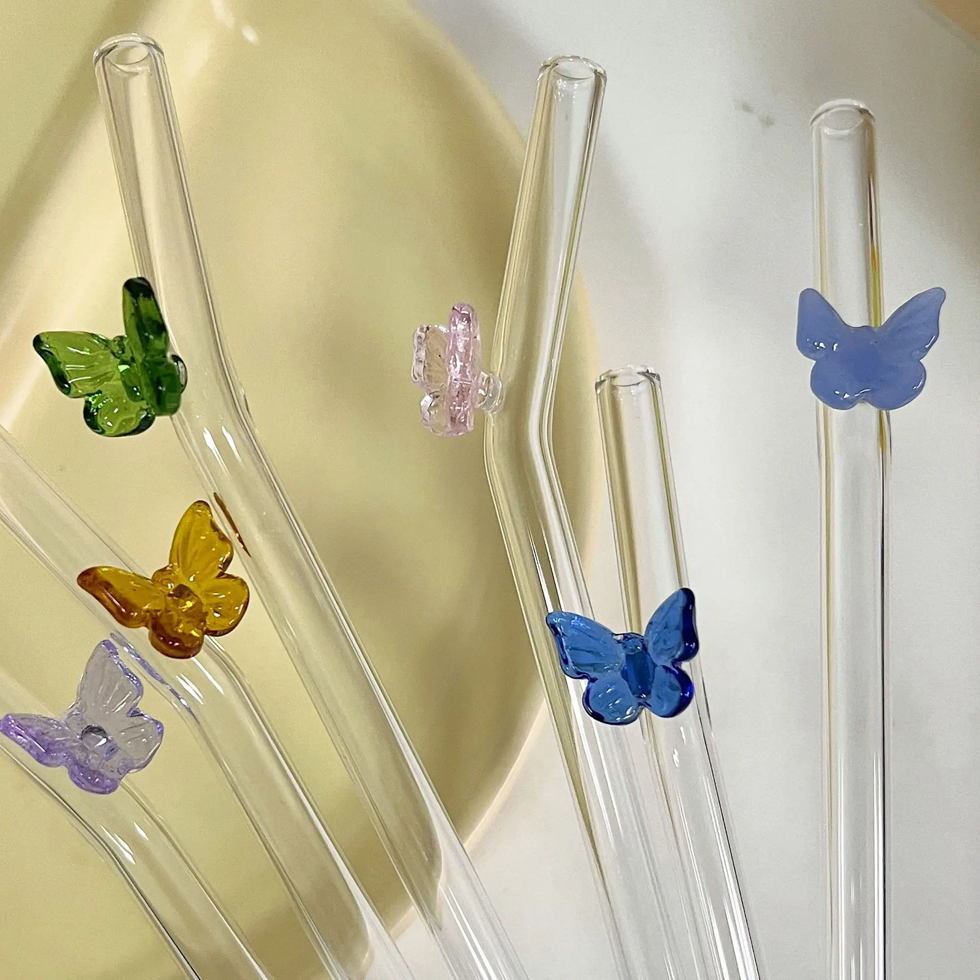 Custom Drinking Clear Bent Straight butterfly Bow-tie Bow Shape Glass Straw Straws Set with Design for Soda Can Cup Accessories