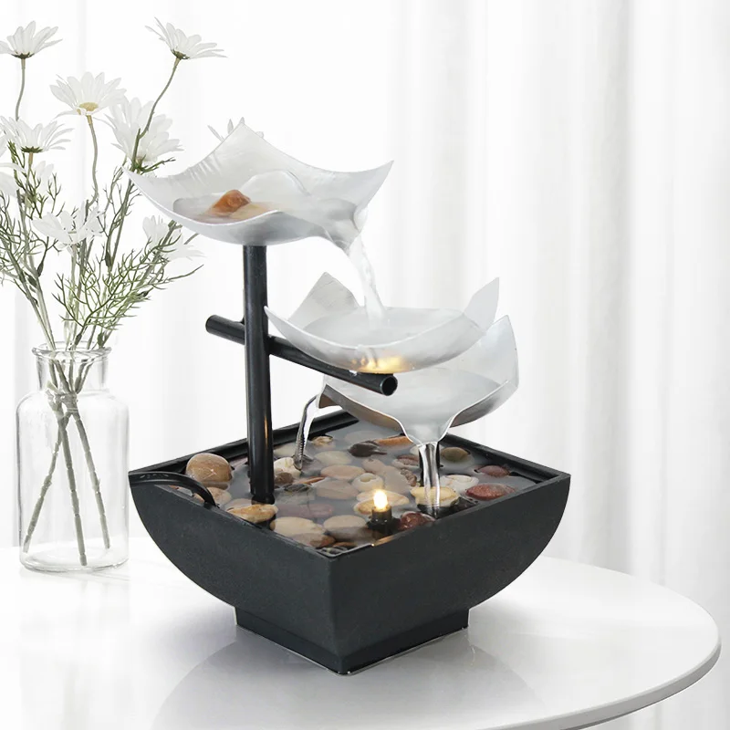 Beautiful home decoration modern silver color metal waterfall tabletop water fountain with led, stone decoration