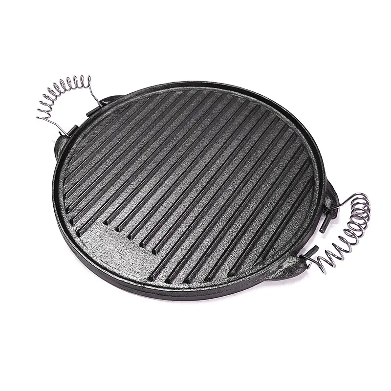 2 in 1 Pre-seasoned Grill Plate 10 inch Reversible Round Cast Iron Griddle Double Burner Griddle with Removable Coil Handles