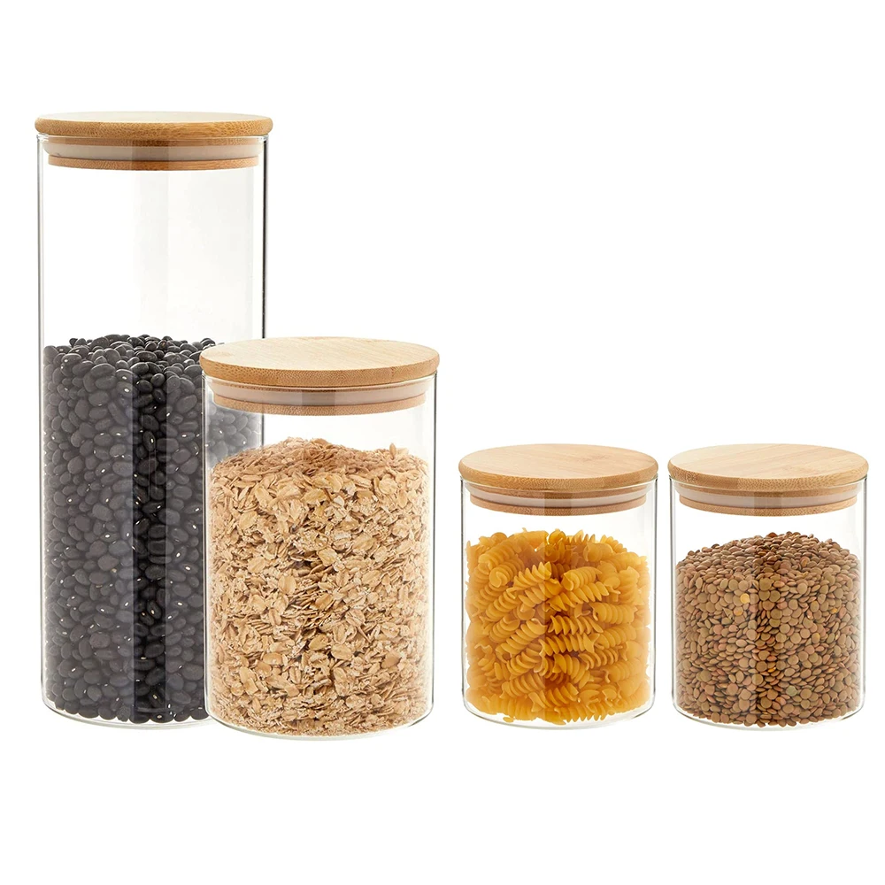 1550 ML Large Size Cylinder Shape Airtight Storage Jar with Natural Bamboo Lid  + Silicone Ring Glass Container Jar