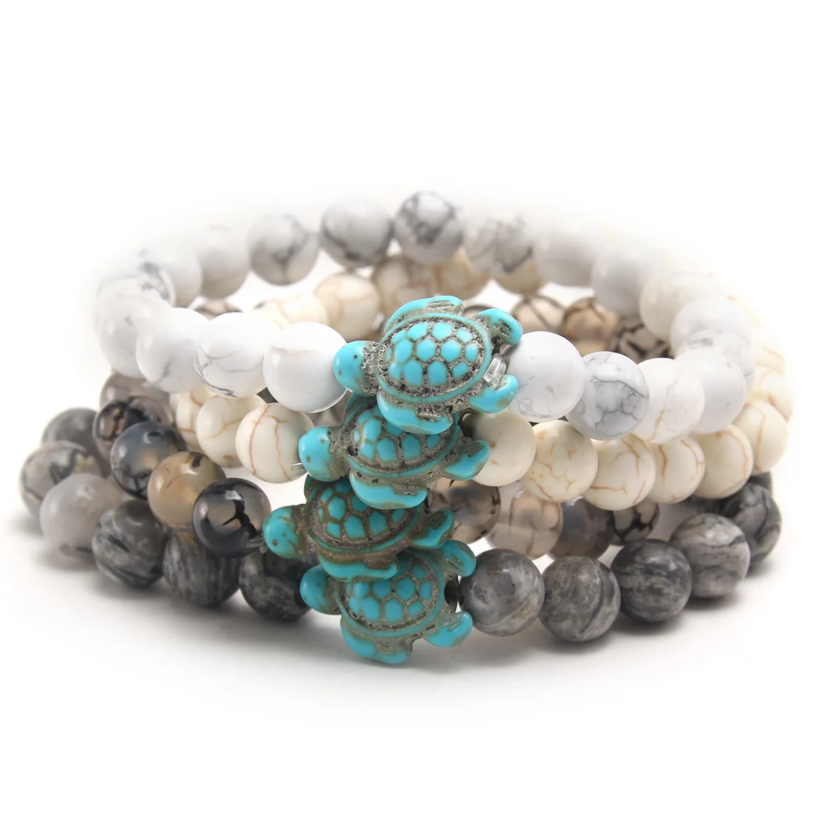8mm Ocean Animals Summer Style Sea Turtle Synthetic White Pine Volcanic Stone Blue Pine Turquoise Nature Stone Bead Bracelet