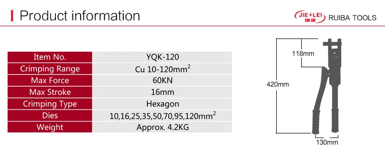 YQK-120 Cu16-300mm2 Copper aluminum cable terminal press hydraulic wire manual lug crimping tool machine,Taizhou Ruiba
