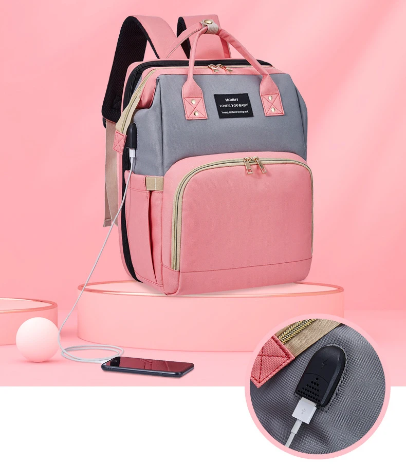Large capacity foldable Oxford multi function pink grey diaper bag custom with changing station usb