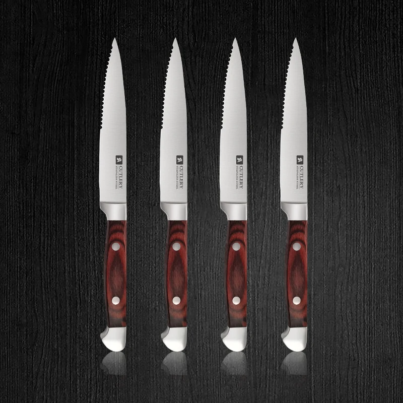 Trending products kitchen steak knives serrated stainless steel wooden handle steak knife set of 4 pieces