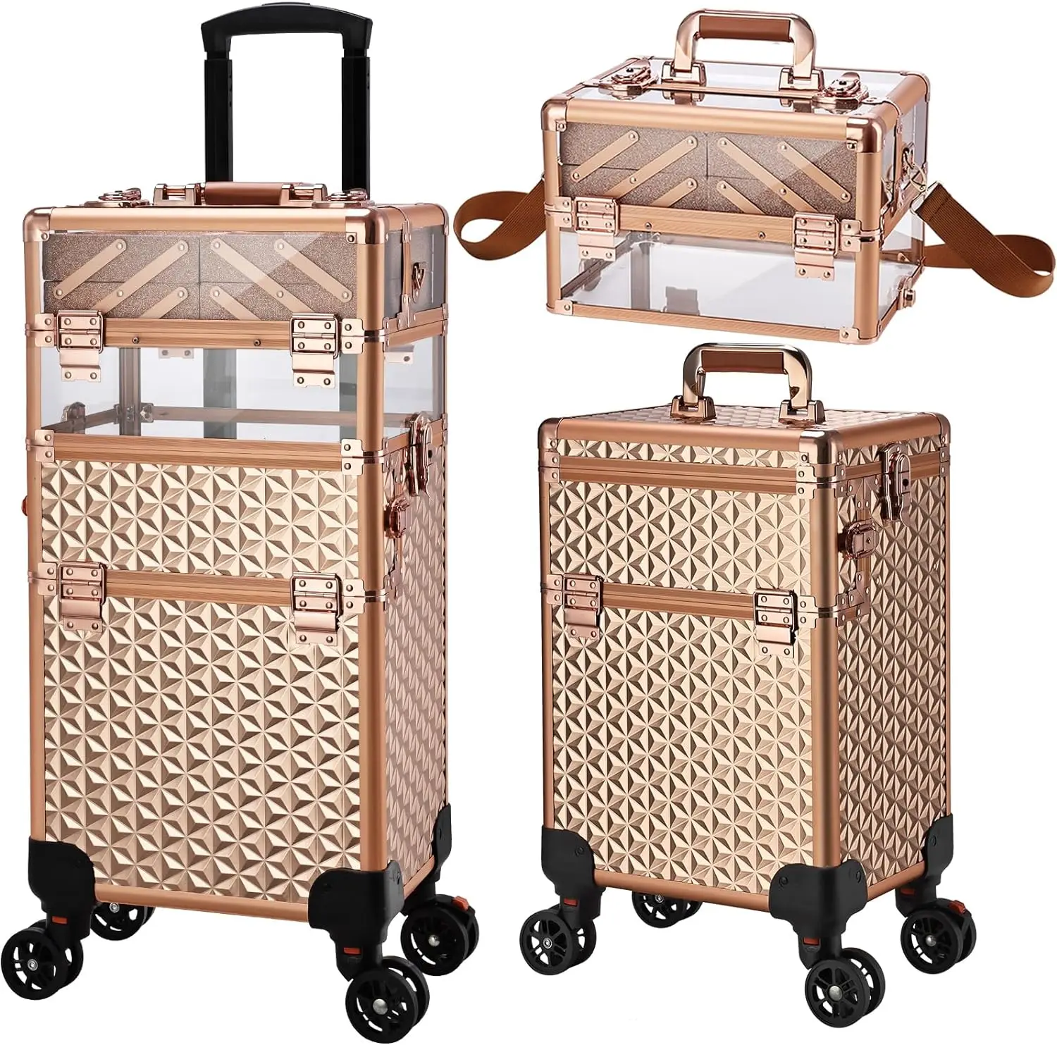 Rose gold 3 in 1 Train Case on Wheels Makeup Trolley Salon Traveling Trunk Suitcase for Cosmetology School Nail Tech Hairstylist