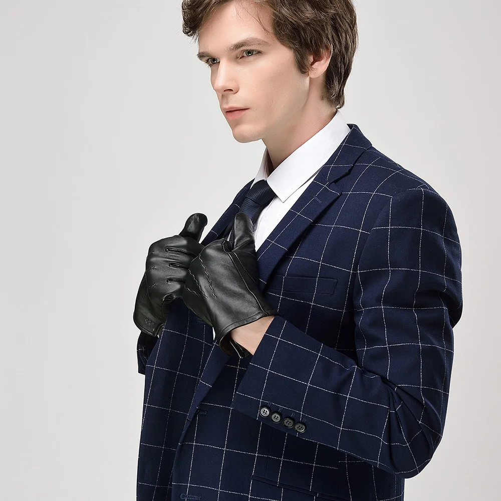 High Quality Custom Winter Full Finger Gloves for Men Genuine Sheep Leather Stylish Black