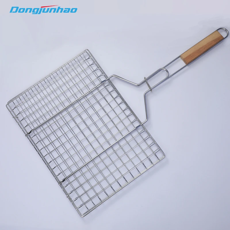 Barbecue grill net with wood handle custom wire basket portable cooking fish meat tools for outdoor picnic