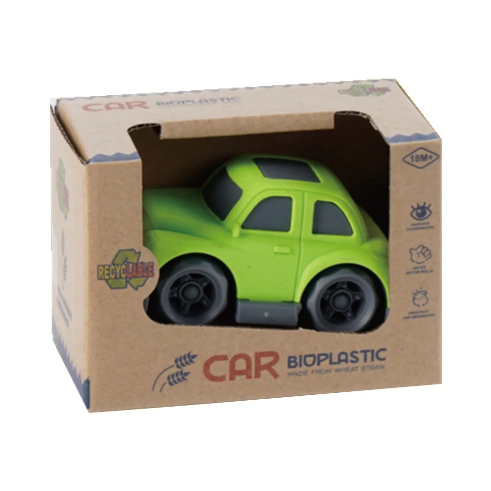 Children plastic wheat straw safe cyclic utilization toys free wheel taxi car two colors mixed