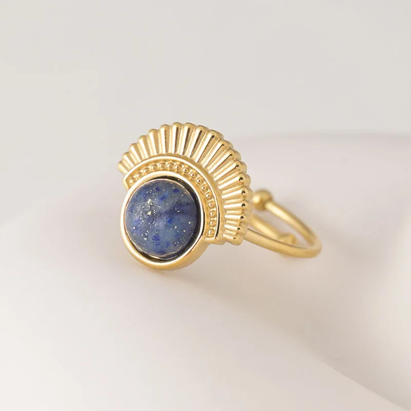 Vintage Jewelry No Fade 18k Gold Plated Starry Sky Tophus Adjustable Ring Stainless Steel Fan Shaped Lapis Lazuli Open Ring