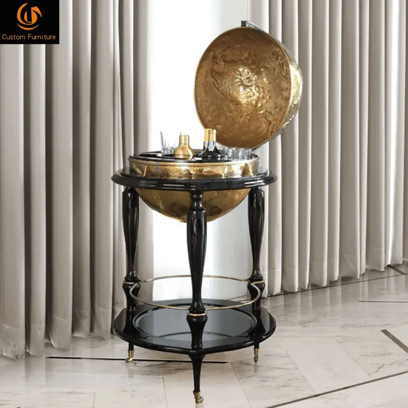 Polished Brass Retro Style Mini Bar Beverage Cabinet Movable Wine Rack and Cart for Hotel Farmhouse or Home Bar Use