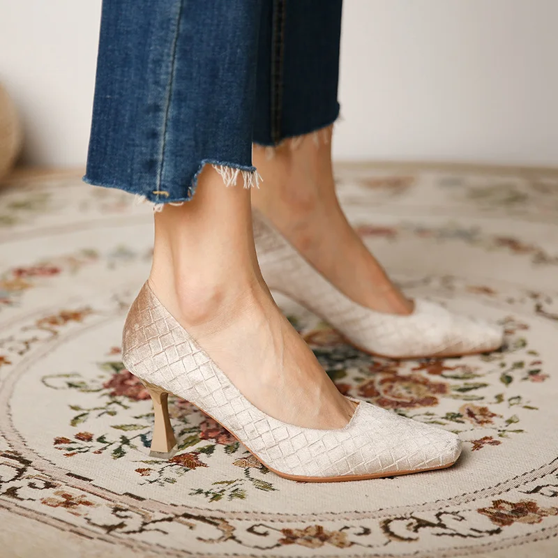 
hot ebay amazon new design plaid solid color small square toe all-match women shoes heels for ladies 