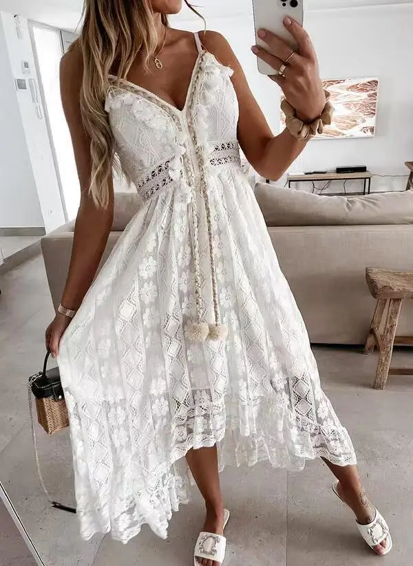 2024 summer new boho sexy maxi dresses sundress plus size slip white lace dress women elegant