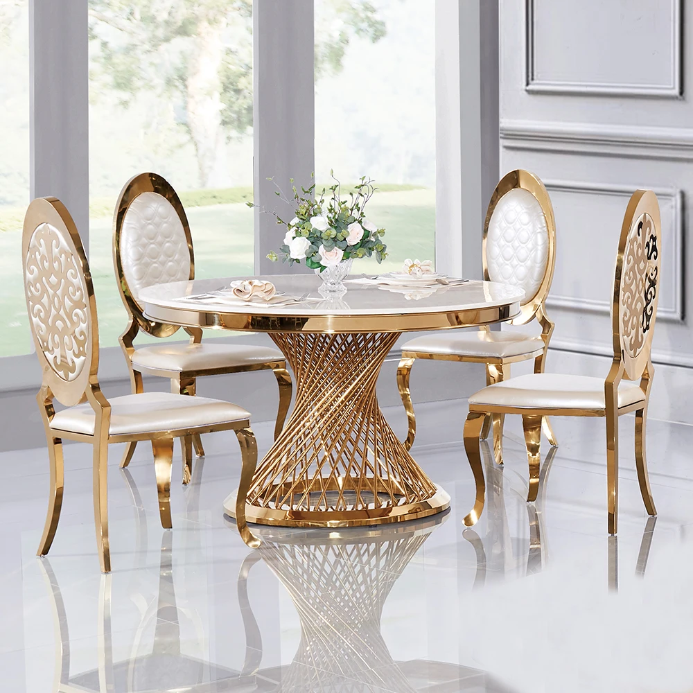 
Round mirror glass top marble top stainless steel base dining table luxury gold wedding table 