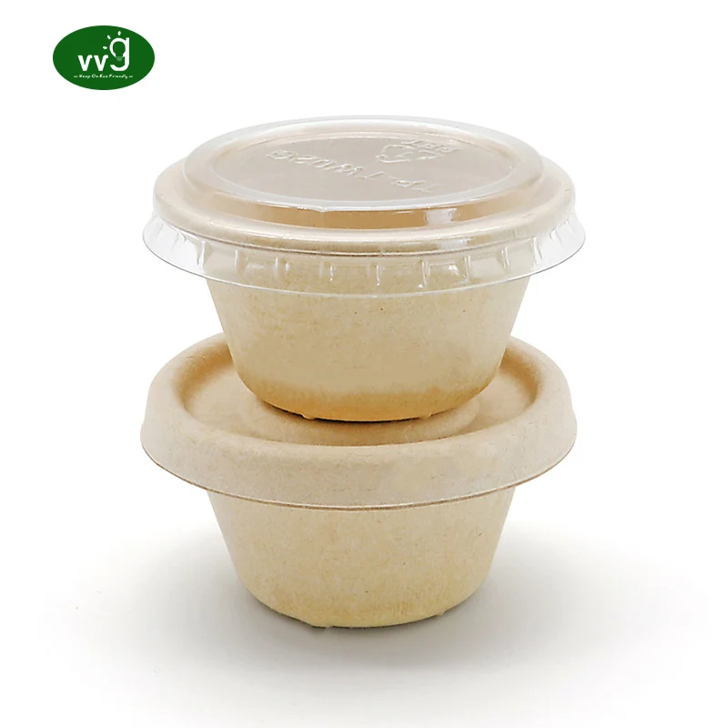 VVG Biodegradable 2 oz Bagasse Fiber Sauce Cup with Lid Eco Friendly Disposable Food Cup Paper Sauce Cups