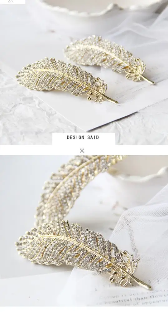 Alloy Top Clip Color Retaining Gold Bangs Clip Classical Headdress Rhinestone Feather Hairpin