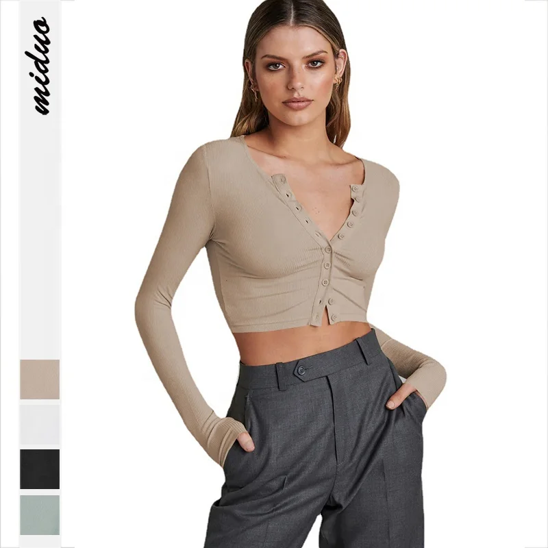 Fashionable Sexy Clothing Fall Shirt Ribbed Knitting Button Long Sleeve Croptops Sexy White Crop Tops For Women
