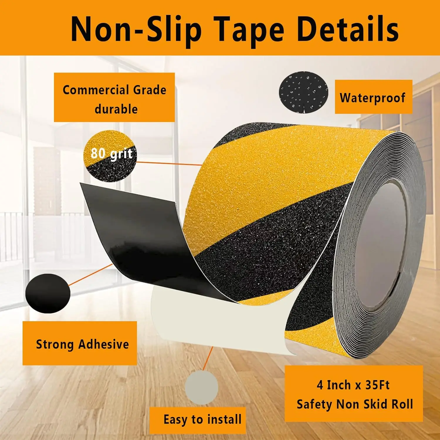 High Traction Friction Black & Yellow Caution Warning Self-adhesive Safety Tread Waterproof Black Grip Non Skid Tape for Stairs