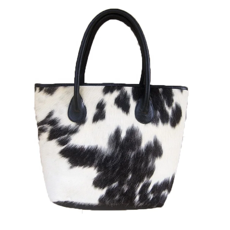 Black and White Cowhide Purse Bags Wholesale Monogrammed Customized Fashion Leather Fluffy Cowhide Women Tote Bags