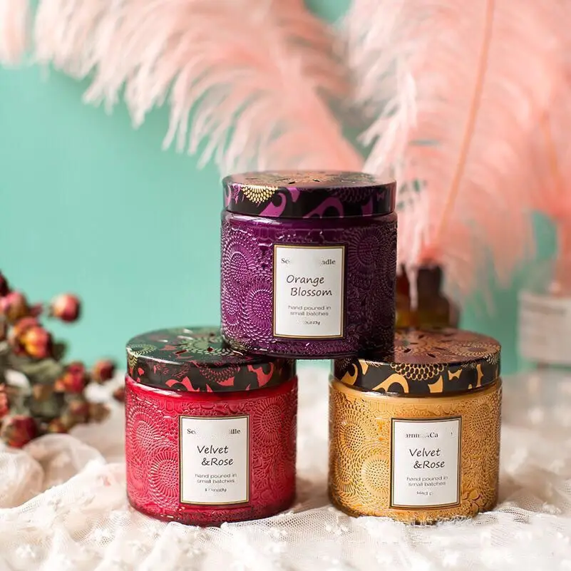 European Style Embossed Candle Jar Glass Empty Candle Vessels With Lid