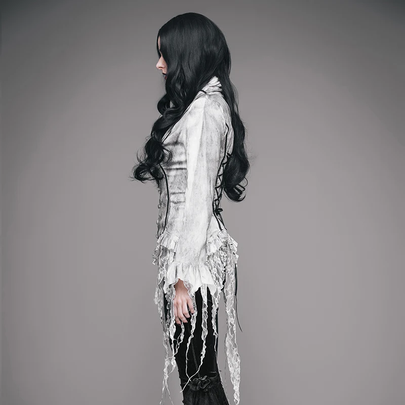 ESHT002 Eva lady brand steampunk hand painted white gothic women blouse with lace tassels