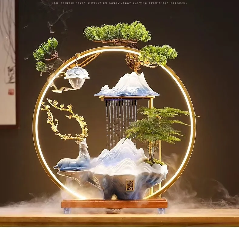 Tabletop Water Fountain, Indoor Waterfall with Round LED Light Ceramic Crane Mist Maker and Incense Holder for Home Office Decor