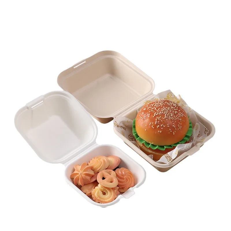 Disposable Burger Take Out Lunch Box Biodegradable Sugarcane Bagasse Hamburger Clamshell and Box
