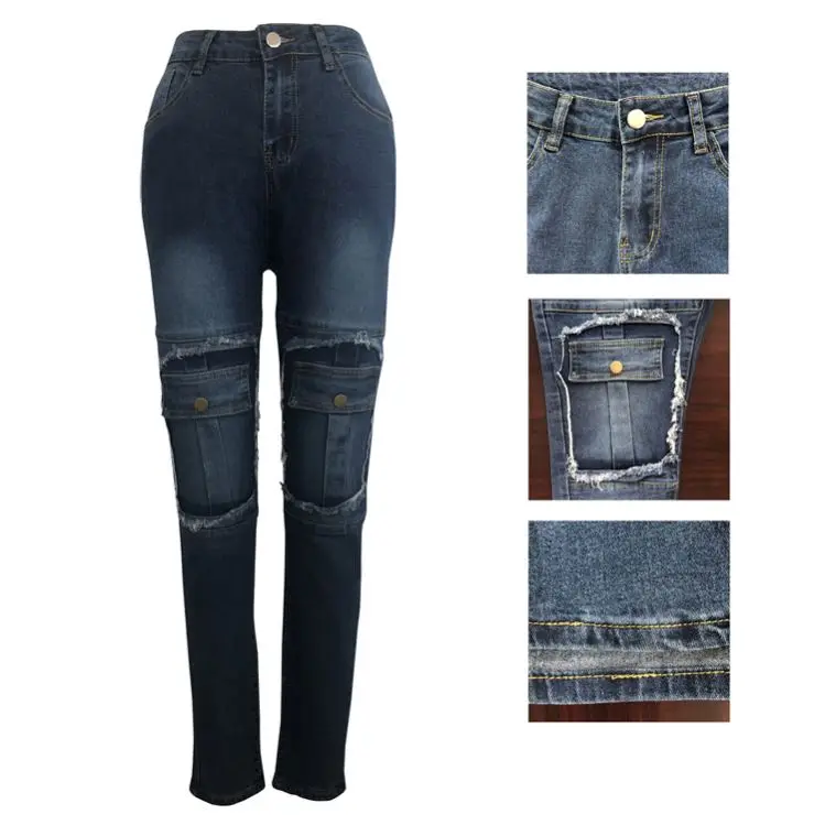 
11AF224 popular high waist decorative pocket skinny Ladies Pants Jeans Women 