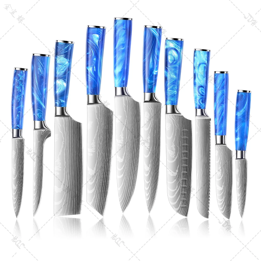 7 inch Hot Sale Santoku Chef Knife Ironwood Handle vg10 73 Layers Damascus Steel Kitchen Knife with Blue Resin Handle