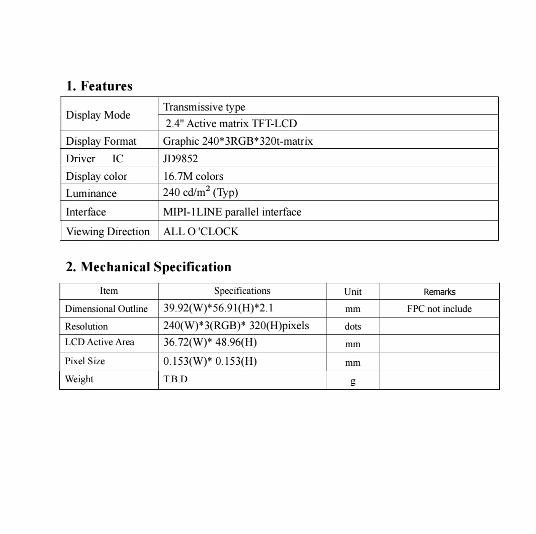 High Resolution 240x320 Touch Screen 3.3v Industrial Product 2.4 Inch 320x240 Lcd Panels Mipi Panel