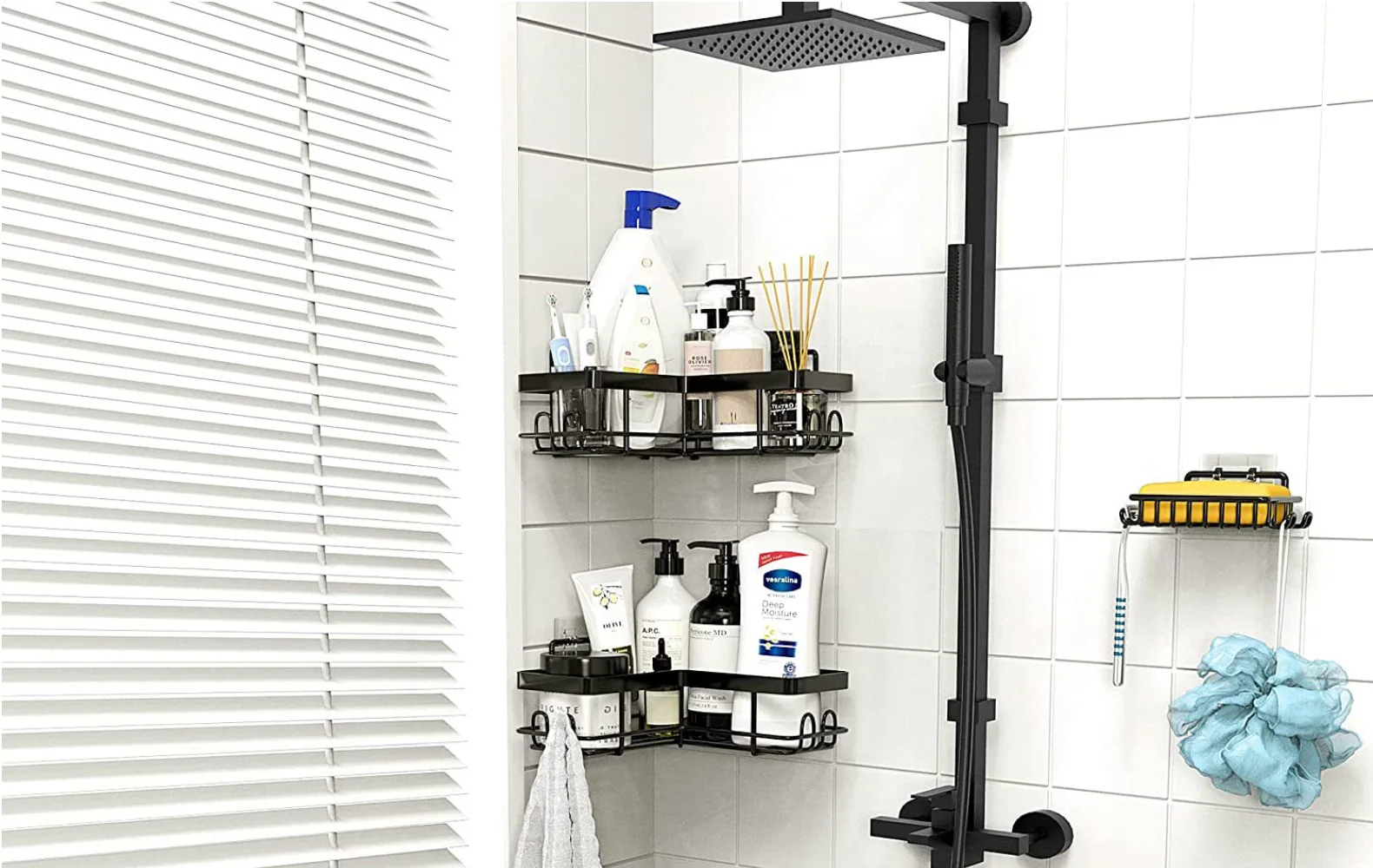 No-Drilling Wall Mounted Bathroom Stainless Steel Shelf Organizer with Two Hooks Bathroom Shower Caddy