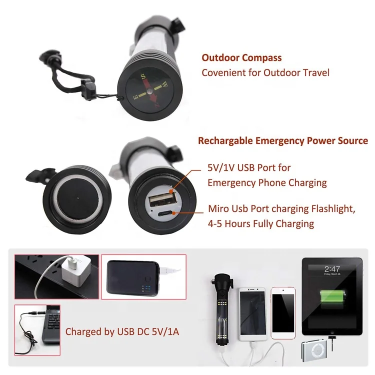 Compass Auto Car Window Breaker Hammer Emergency Tool Rechargeable Led Torch Safety Working Camping Solar Power Bank Flashlight