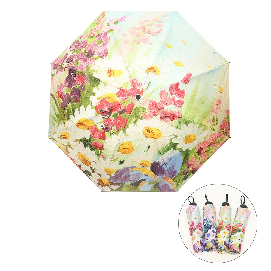 Retro Spring Oil Painting Flower Umbrella Dual Use Three Folding With Black Coating UV Umbrella