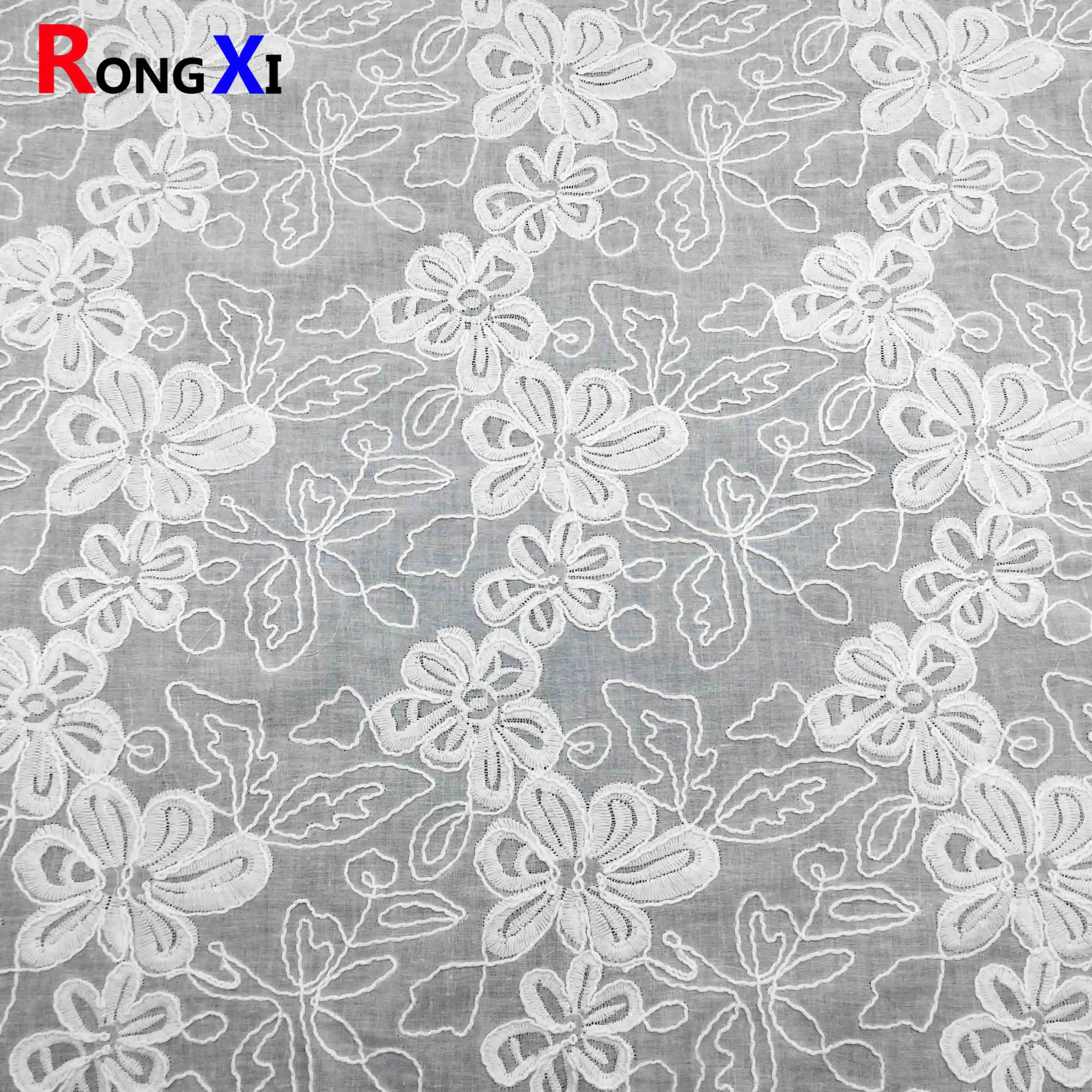 Wholesale Price RXF2212  Cotton  Eyelet  3d Flower Embroidery Luxury Lace fabric embroidery Fabric for Wedding Dress