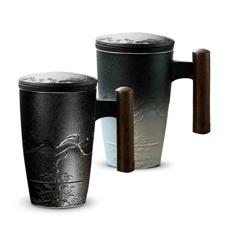
 Керамическая чайная чашка с инфузером и крышкой для фильтра, черные чайные чашки с зеленым деревом, прорезыватель с деревянной ручкой  