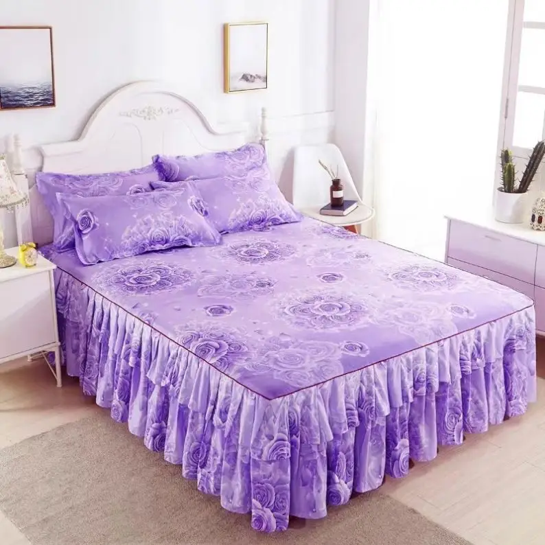 3pcs Set Bedding Skirt +2pcs Pillowcases Wedding Bedspread Bedsheet Mattress Cover Full Twin Queen King Size Floral Bedsheets
