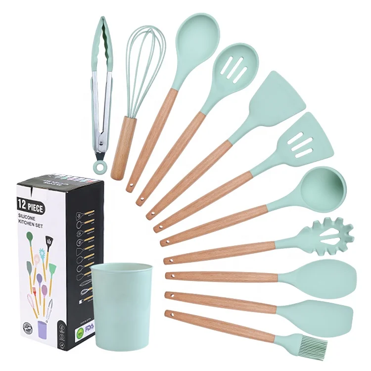 IN STOCK Silicone Wooden Kitchen Utensils Silicone Kitchen Utensils With Wooden Handle