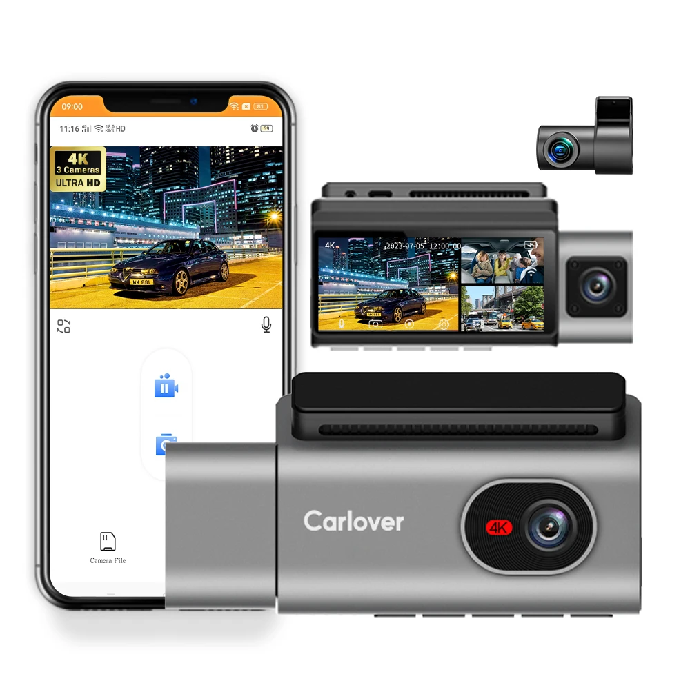 Car 3 Cameras 3.69 inch Dual Recording Dash Cam WiFi Front Lens 4K with 1080P Backup 1080P Inside Camera 24H Parking Monitoring