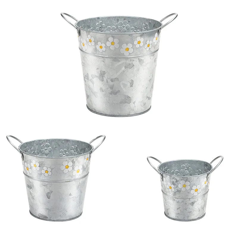 NISEVEN Hot Sale 3pcs/Set Home Garden Storage Decoration Galvanised Iron Flower Pattern Buckets With Handle Silver Metal Bucket