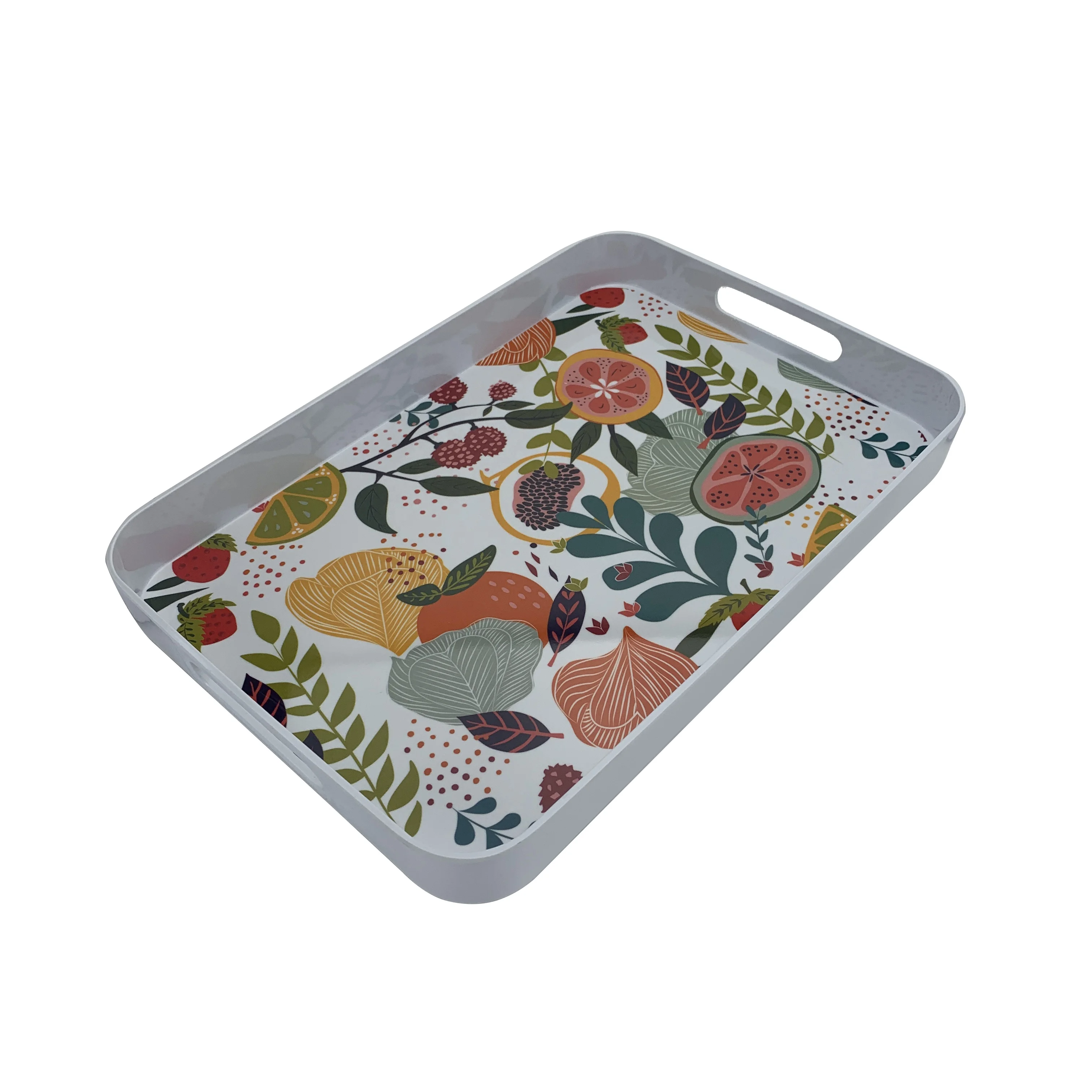 High Quality Hotel Restaurant Glossy Melamine Handled Retangular Serving Tray with Printing