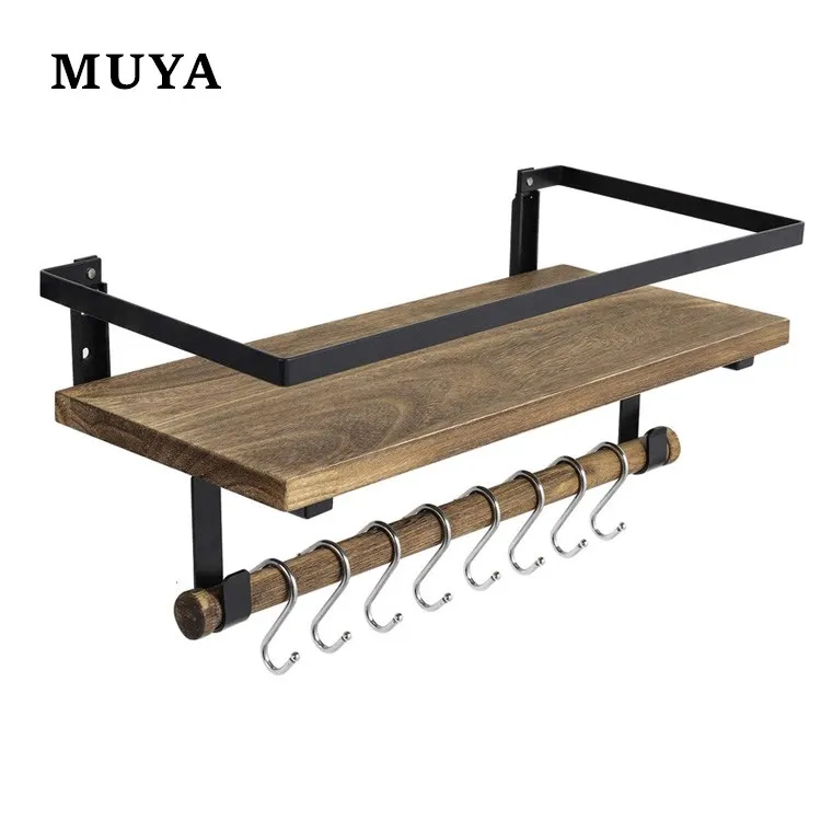 Wholesale price antique wood floating shelves Kitchen wall shelf with hooks