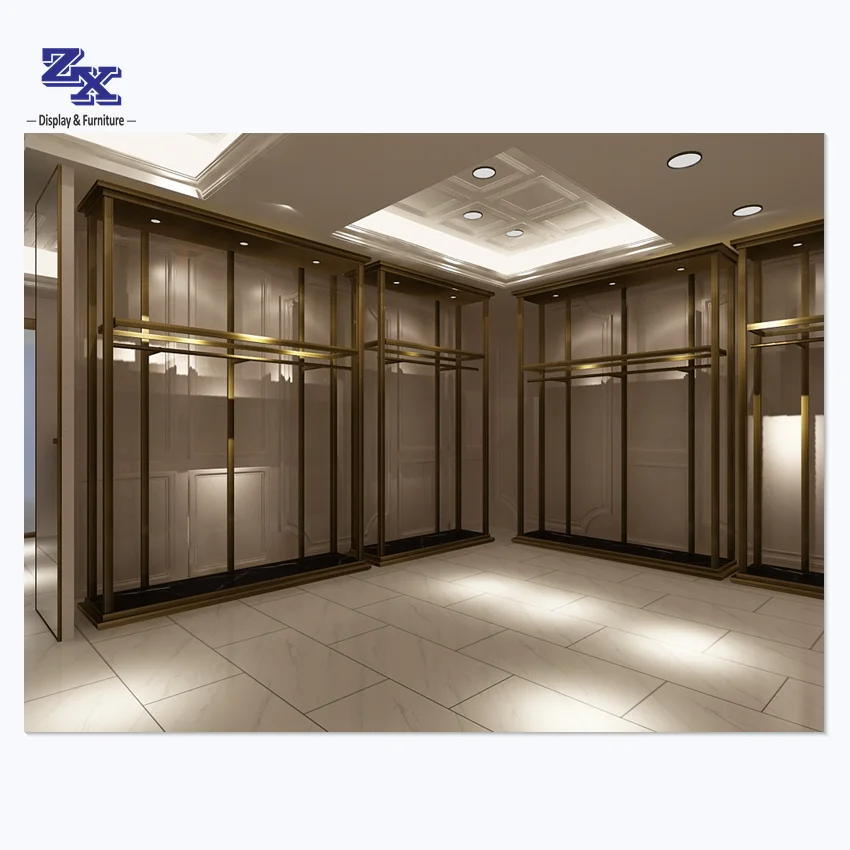 High quality apparel store interior decoration design gold display racks for clothing store fixtures