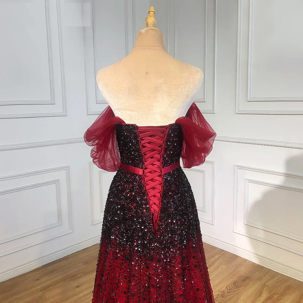 Gradual Change Wine Red Black 2024 Beaded Bling A-Line Luxury for Party Gowns Off Shoulder Tulle Evening Dresses