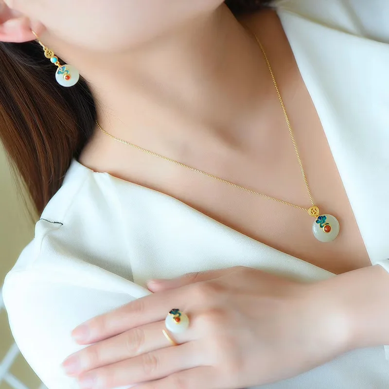 Retro 18k gold plated enamel cloud inlaid Hetian jade hoop earrings necklace ring jewelry set
