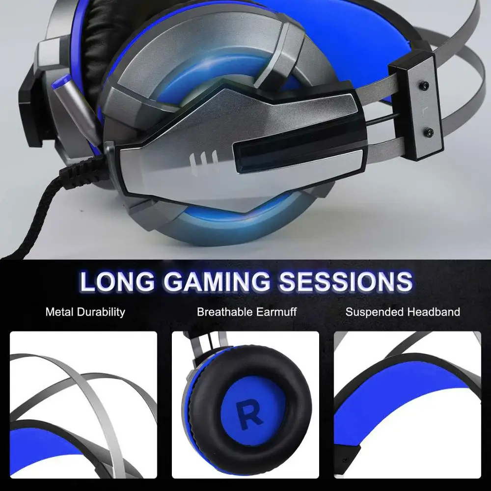 EKSA Gaming Headset for PS4, PC, Xbox One Controller, Noise Cancelling Over Ear Headphones with Mic, LED Light, Bass Surround