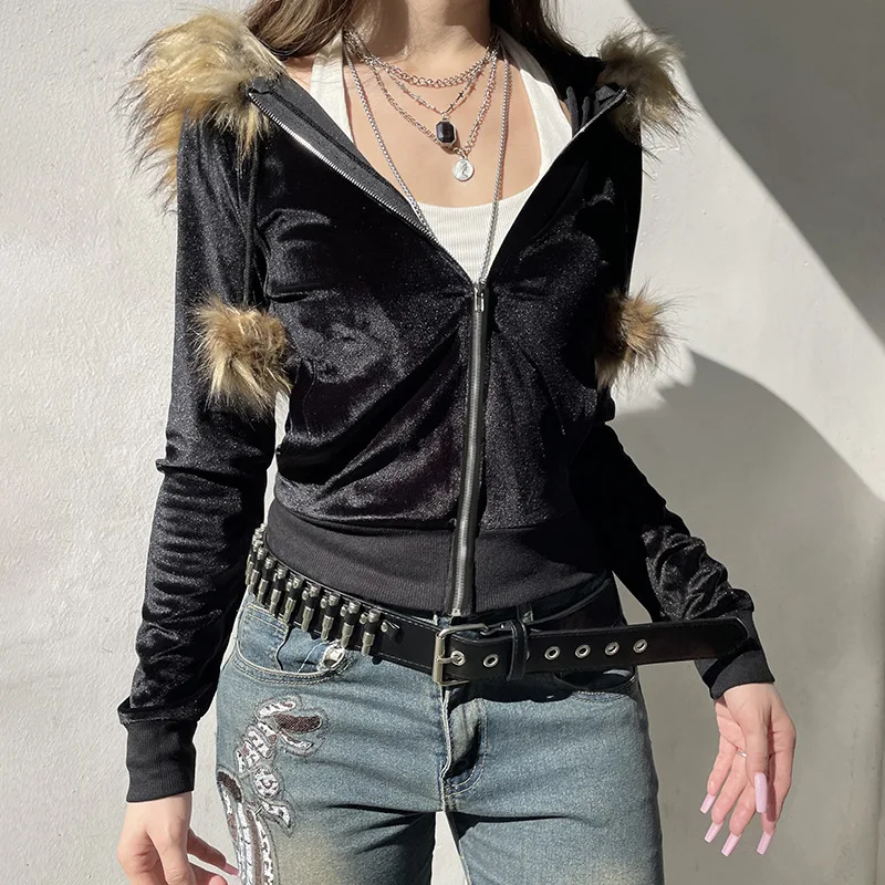 Autumn New retro fur stitching velvet zipper fitted coat women all-matching slim hooded sweater