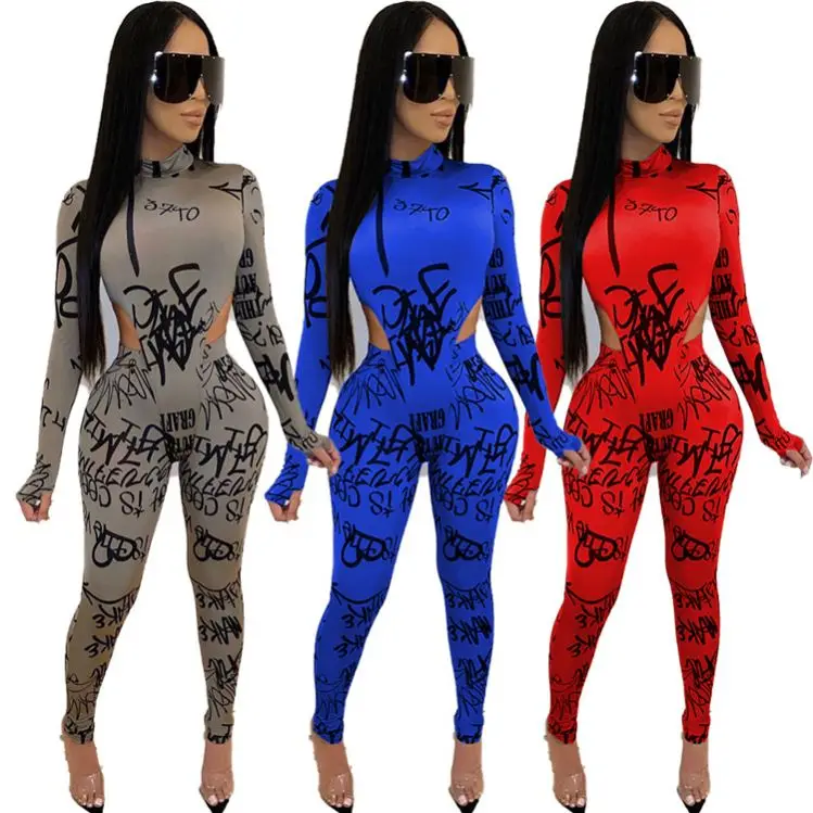 
11AF285 high quality letter print long sleeve bocysuit bodycon club two piece outfits set women clothing 