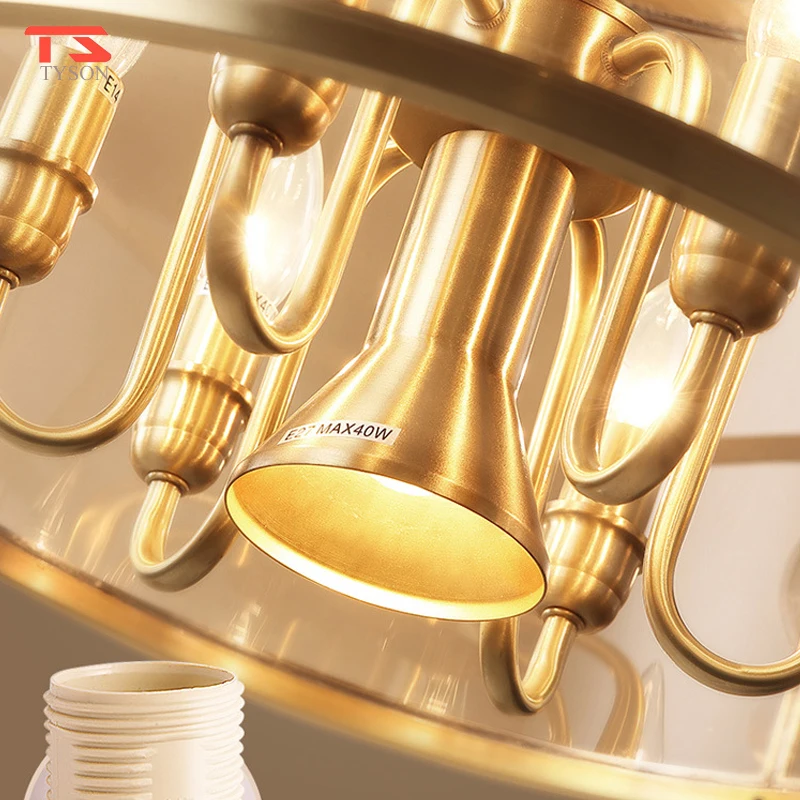 American Style Light Villa Modern Fashion Luxury Copper Color Chain Glass Pendant Lamp For Dining Room