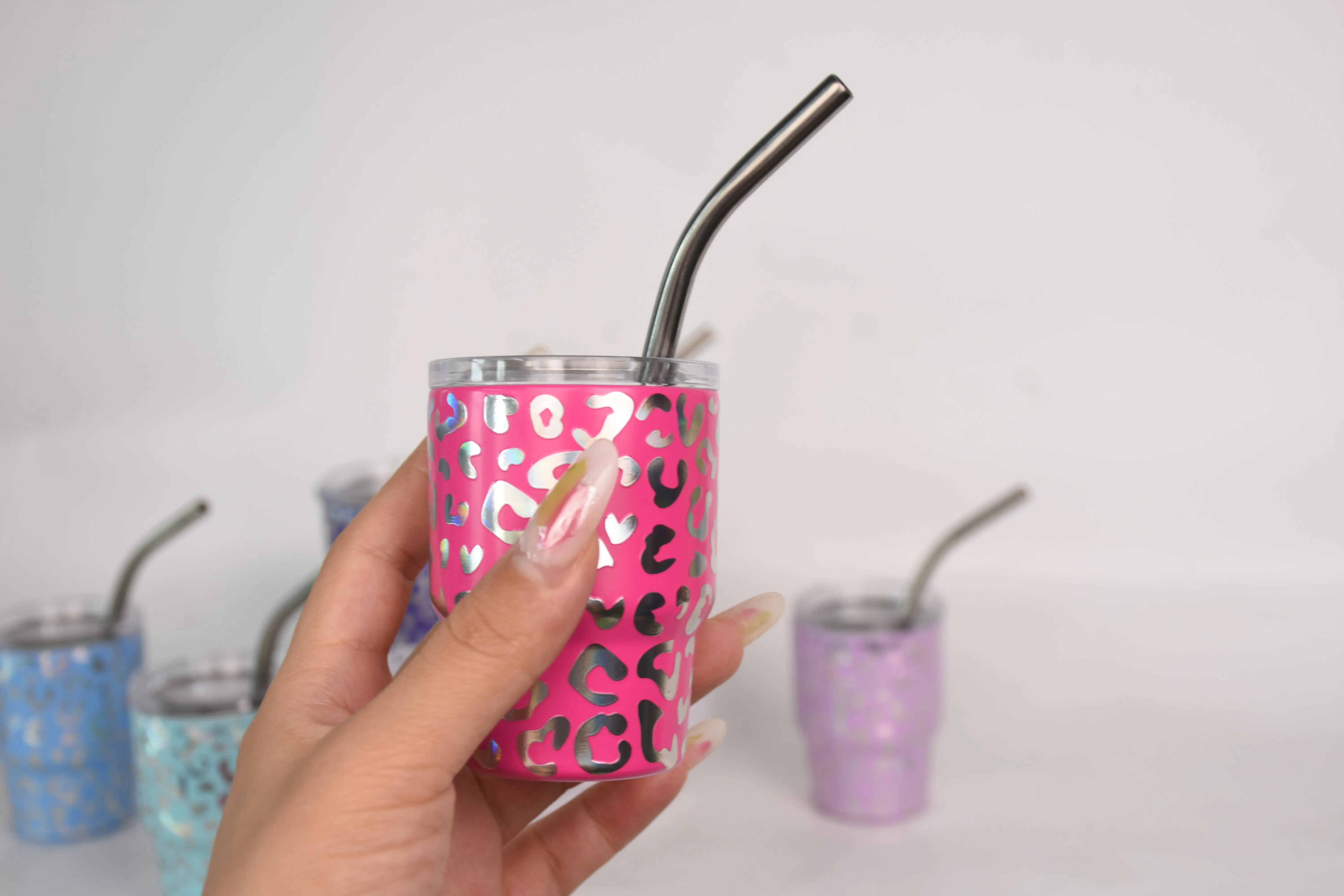 Leopard design new cute miniature small Mini Mugs 2oz leopard tumbler shot glass tumbler mini tumbler with ss straw